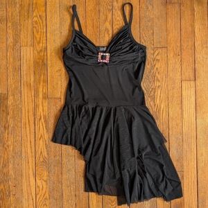 Vintage Y2k Black Ruched Bust Asymmetrical Hem Rhinestone Detail Top